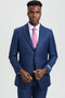 Stacy Adams men's blue sharkskin suit. Two-button, single-breasted jacket with notch lapels, fitted silhouette. Includes a vest. Subtle sheen characteristic of sharkskin fabric.

