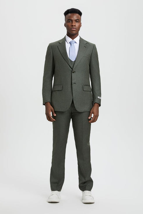 Mens Stacy Adams Suit - Stacy Adams Suit Men's Sharkskin Suit - Olive Green, Two Button Vested Design