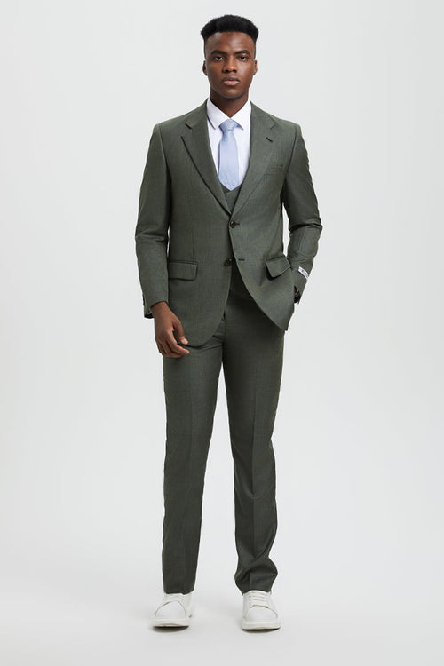 Men's Two Button Vested Stacy Adams Designer Sharkskin Suit in Olive Green