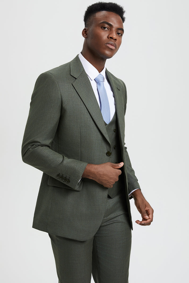 Men's Two Button Vested Stacy Adams Designer Sharkskin Suit in Olive Green