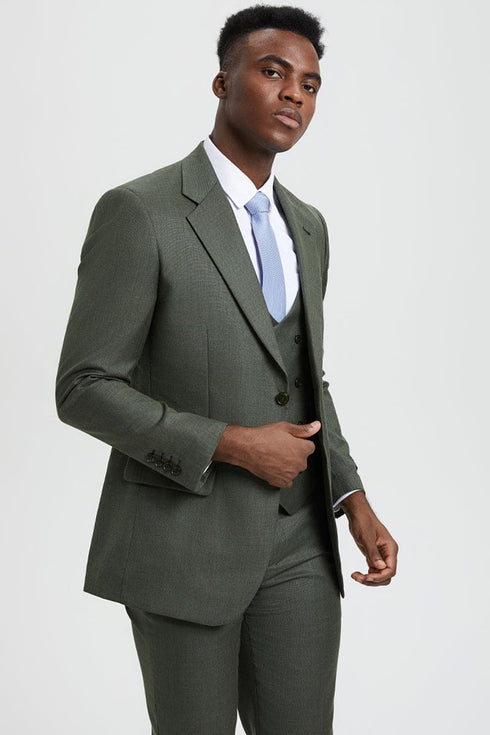 Mens Stacy Adams Suit - Stacy Adams Suit Men's Sharkskin Suit - Olive Green, Two Button Vested Design