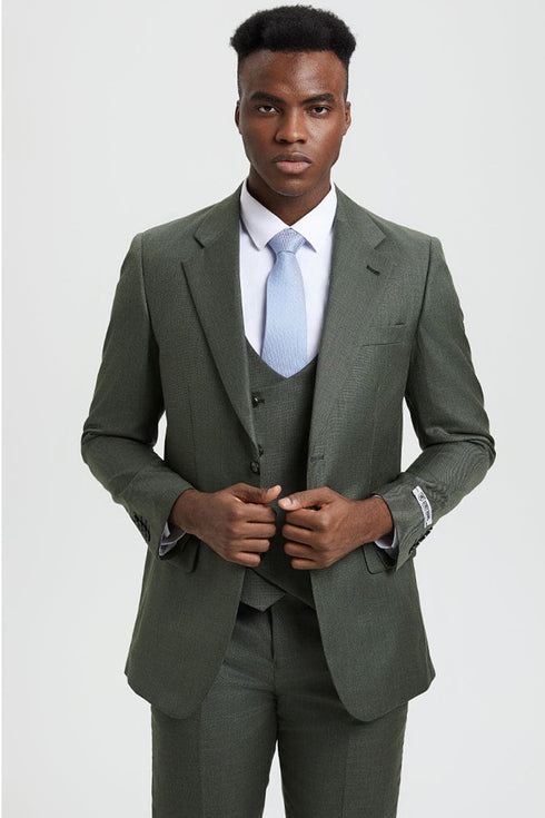 Mens Stacy Adams Suit - Stacy Adams Suit Men's Sharkskin Suit - Olive Green, Two Button Vested Design