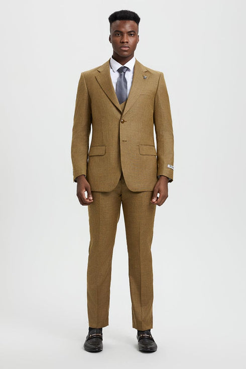 Mens Stacy Adams Suit - Stacy Adams Suit Men's Sharkskin Suit - Two Button Vested in Light Mustard