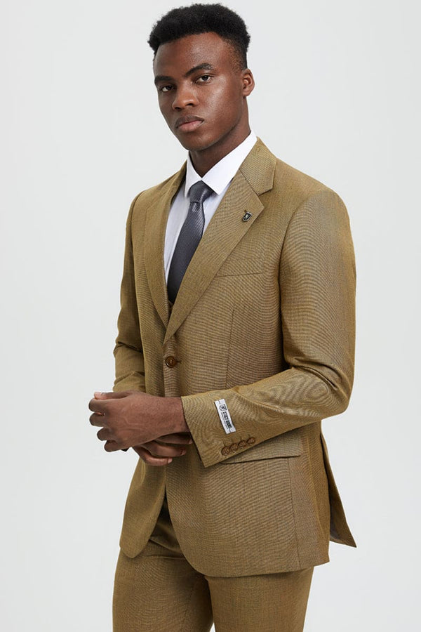 "Mens Stacy Adams Suit - Stacy Adams  Suit Men's Sharkskin Suit - Two Button Vested in Light Mustard"