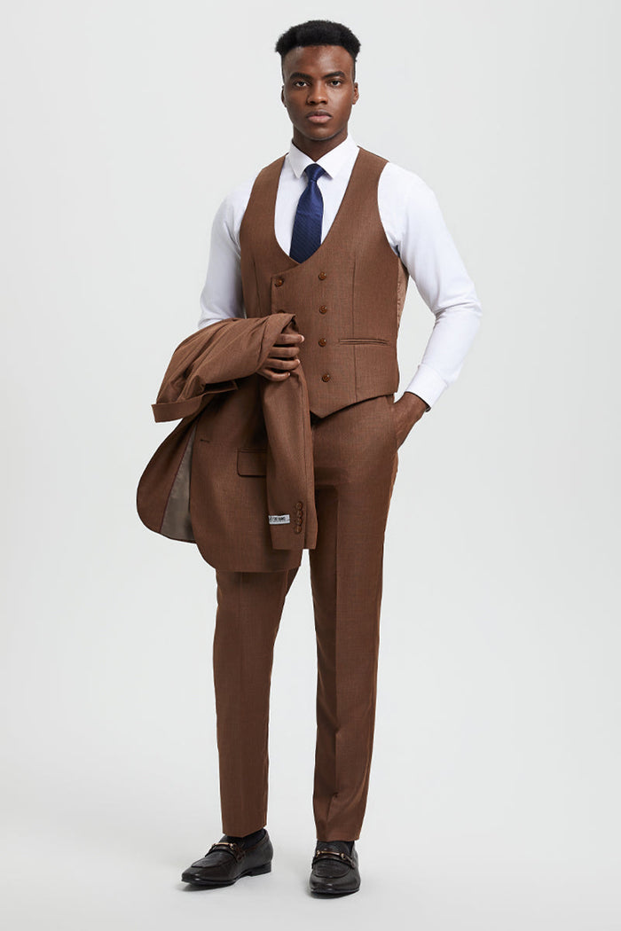 Men's Two Button Vested Stacy Adams Designer Sharkskin Suit in Cognac