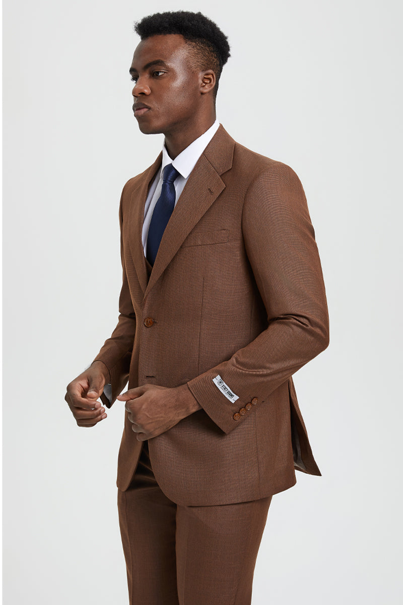 Men's Two Button Vested Stacy Adams Designer Sharkskin Suit in Cognac