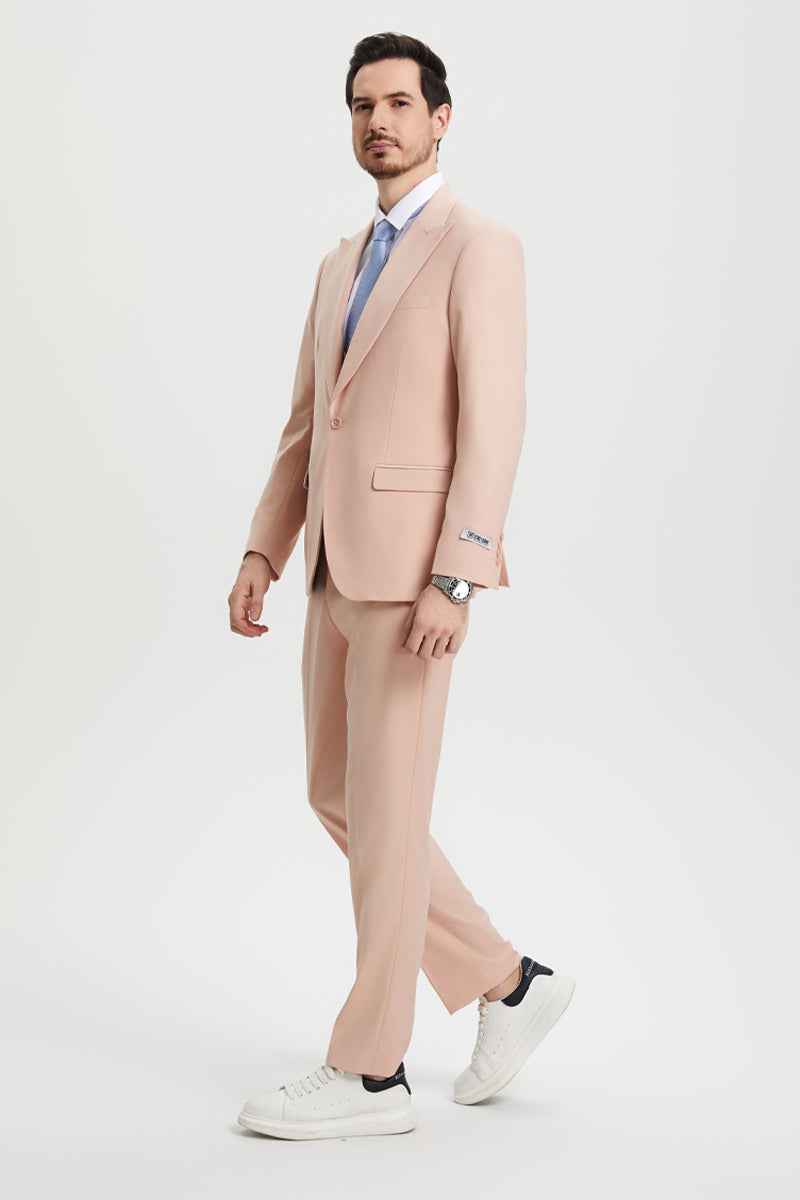 Men's Vested One Button Peak Lapel Stacy Adams Designer Suit in Blush Pink