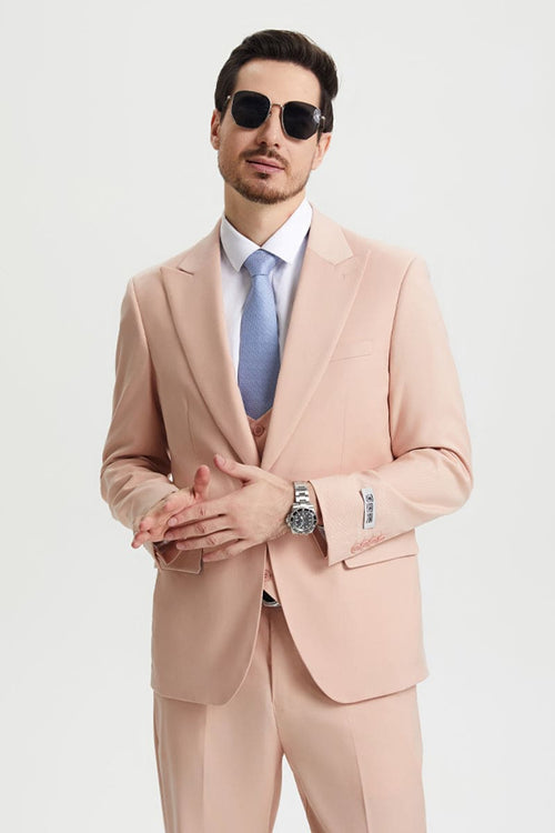 "Mens Stacy Adams Suit - Stacy Adams Suit  Men's Designer Suit - Beige, Vested One Button Peak Lapel"
