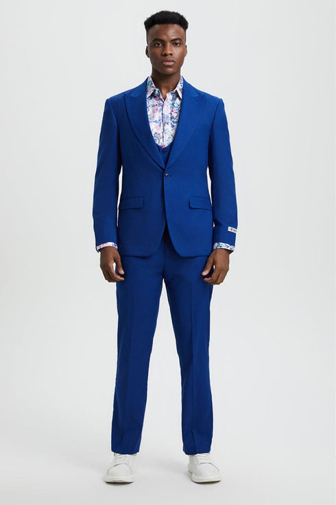 "Mens Stacy Adams Suit -Stacy Adams  Suit Men's Indigo Blue Vested One Button Peak Lapel Suit"