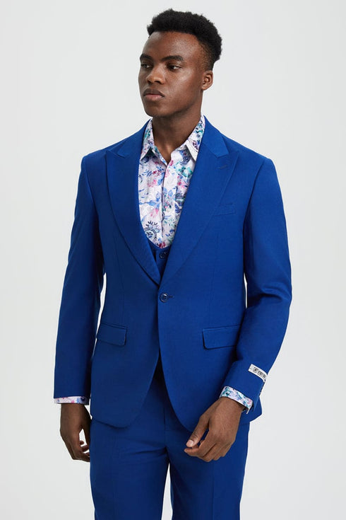 "Mens Stacy Adams Suit -Stacy Adams  Suit Men's Indigo Blue Vested One Button Peak Lapel Suit"