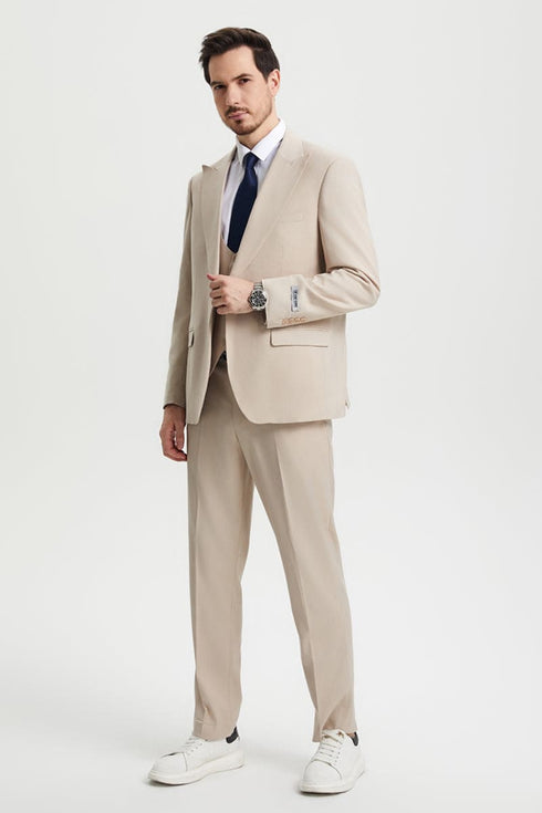 Mens Stacy Adams Suit - Stacy Adams Suit Men's Designer Suit - Vested Two Button Notch Lapel in Tan