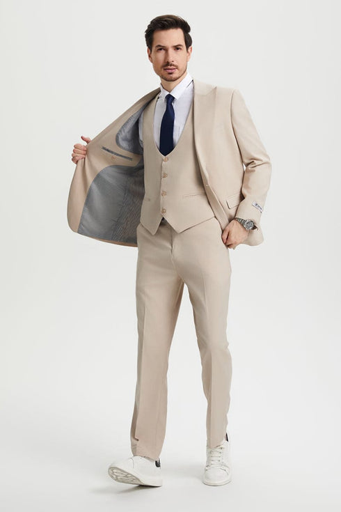 Mens Stacy Adams Suit - Stacy Adams Suit Men's Designer Suit - Vested Two Button Notch Lapel in Tan