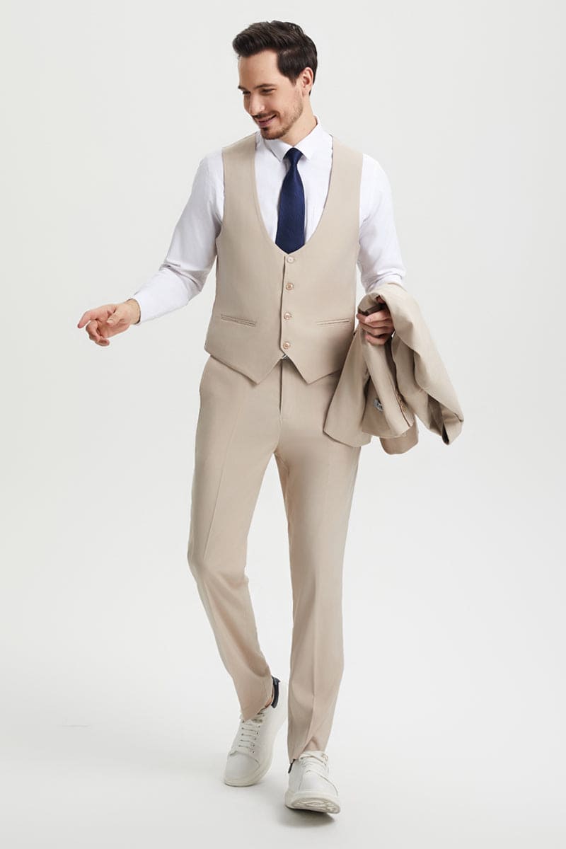 "Mens Stacy Adams Suit - Stacy Adams Suit Men's Designer Suit - Vested Two Button Notch Lapel in Tan"
