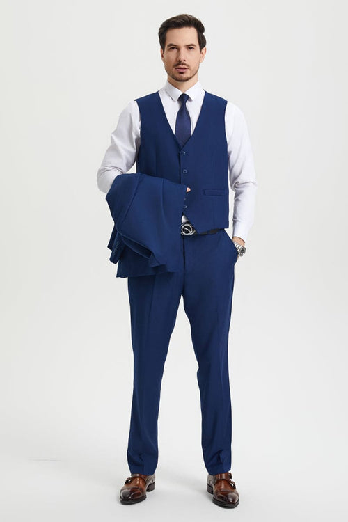 "Mens Stacy Adams Suit - Stacy Adams Suit Men's Two Button Vested Designer Suit in Indigo Blue"