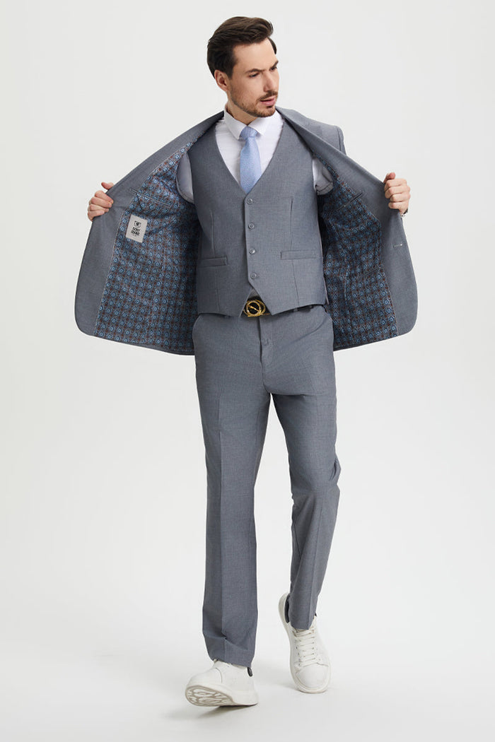 Men's Two Button Vested Stacy Adams Basic Designer Suit in Grey