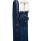 Navy eel skin men's dress belt. Smooth, glossy finish with silver buckle. Features adjustment holes and a single loop. Genuine leather construction.
