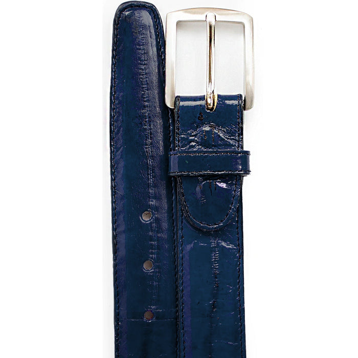 Navy eel skin men's dress belt. Smooth, glossy finish with silver buckle. Features adjustment holes and a single loop. Genuine leather construction.
