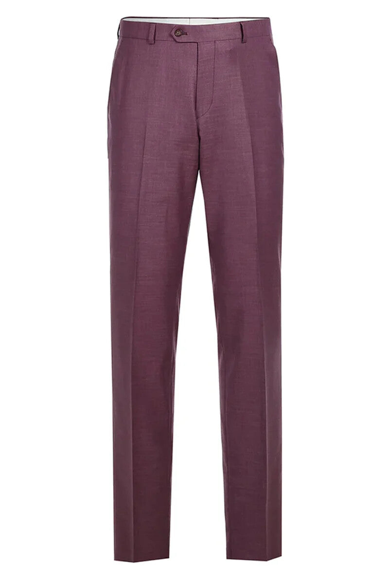 The men's two-button slim fit two-piece suit by Alberto Nardoni features a tailored jacket with a structured silhouette and notched lapels, complemented by flat-front trousers. The suit is crafted from a lightweight fabric in a deep purple hue, showcasing subtle texture.
