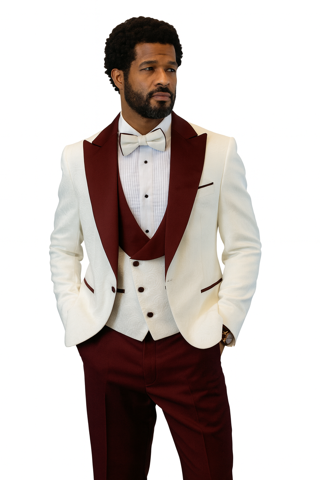 Hilton White and Burgundy Paisley Peak Lapel Tuxedo Jacket with Matching Shawl Vest and Wool Pants – Includes Bow Tie