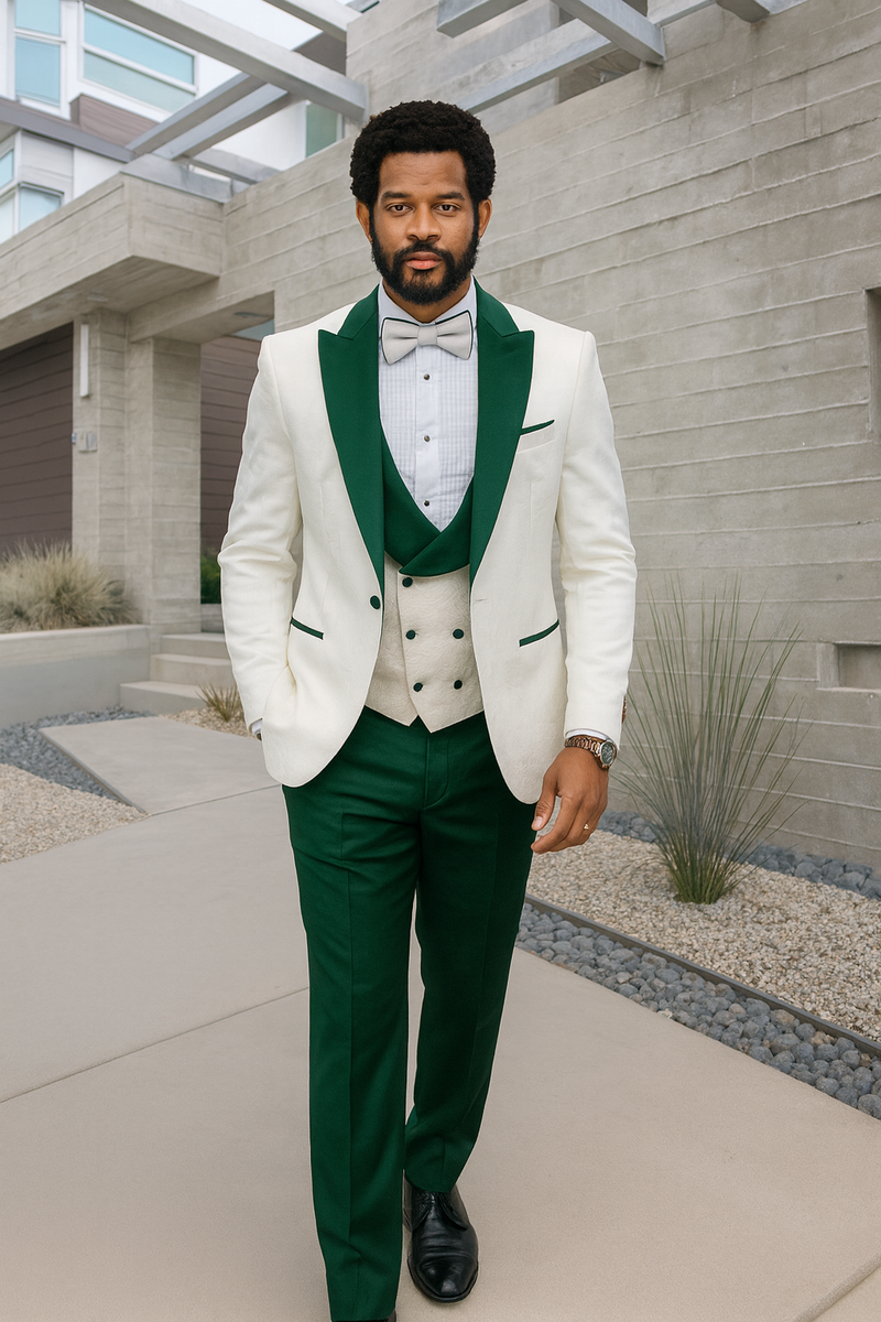 White tuxedo jacket, hunter green lapel & vest. Hunter green wool pants & bow tie complete the ensemble. A stylish and classic look.
