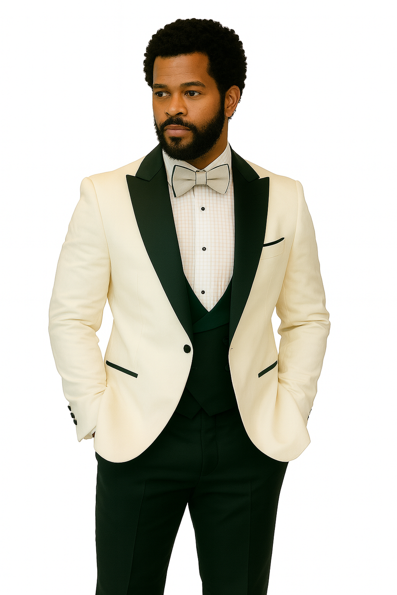 White tuxedo jacket with black peak lapel, shawl vest, and wool pants. Includes bow tie. Tailored fit, single-button front, side pockets. Smooth fabric, contrasting colors.
