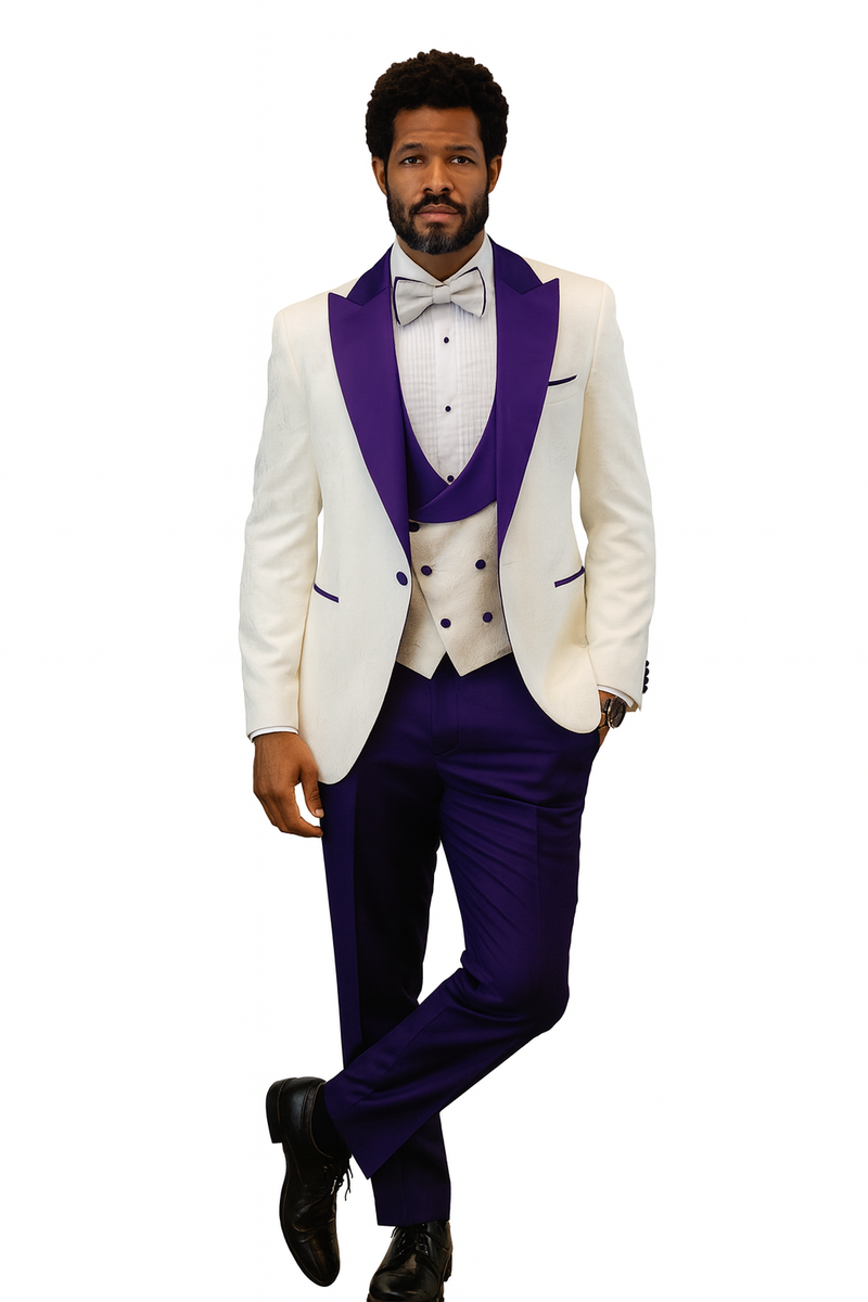 White tuxedo jacket with purple peak lapel & shawl vest. Purple wool pants & bow tie. Fitted, structured design with visible vest buttons for a formal look.
