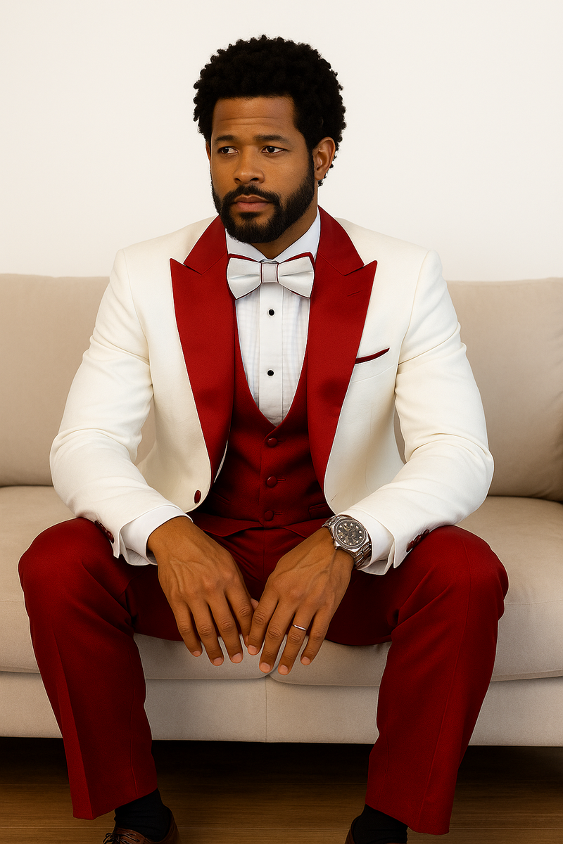 Cream tuxedo jacket with red paisley shawl lapel. Matching red vest and wool pants. Includes complementary bow tie. Single-button closure and structured fit.

