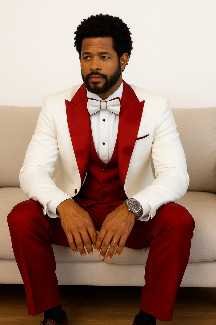 Cream tuxedo jacket with red paisley shawl lapel. Matching red vest and wool pants. Includes complementary bow tie. Single-button closure and structured fit.
