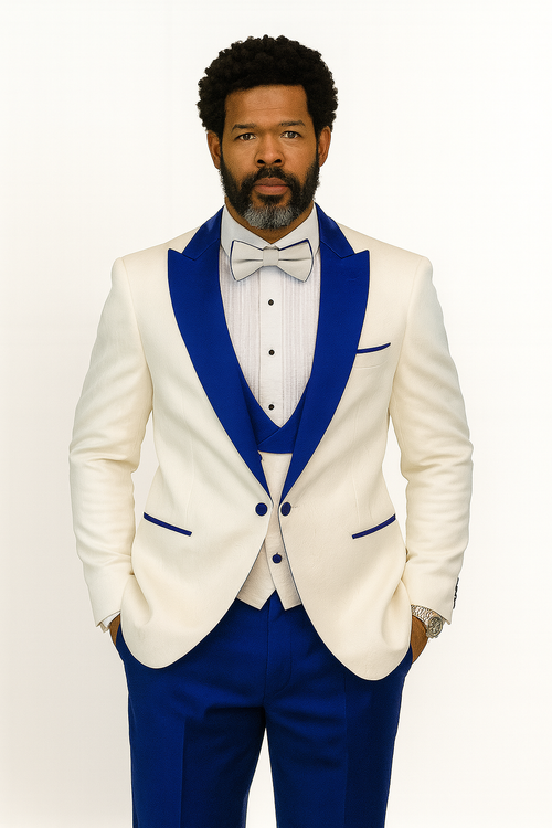 Hilton tuxedo: white jacket with royal blue peak lapel. Includes matching shawl vest, royal blue wool pants, and bow tie. Sophisticated and stylish.
