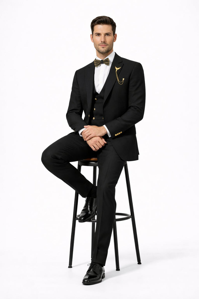 Mens Two Button Peak Lapel Suit Black