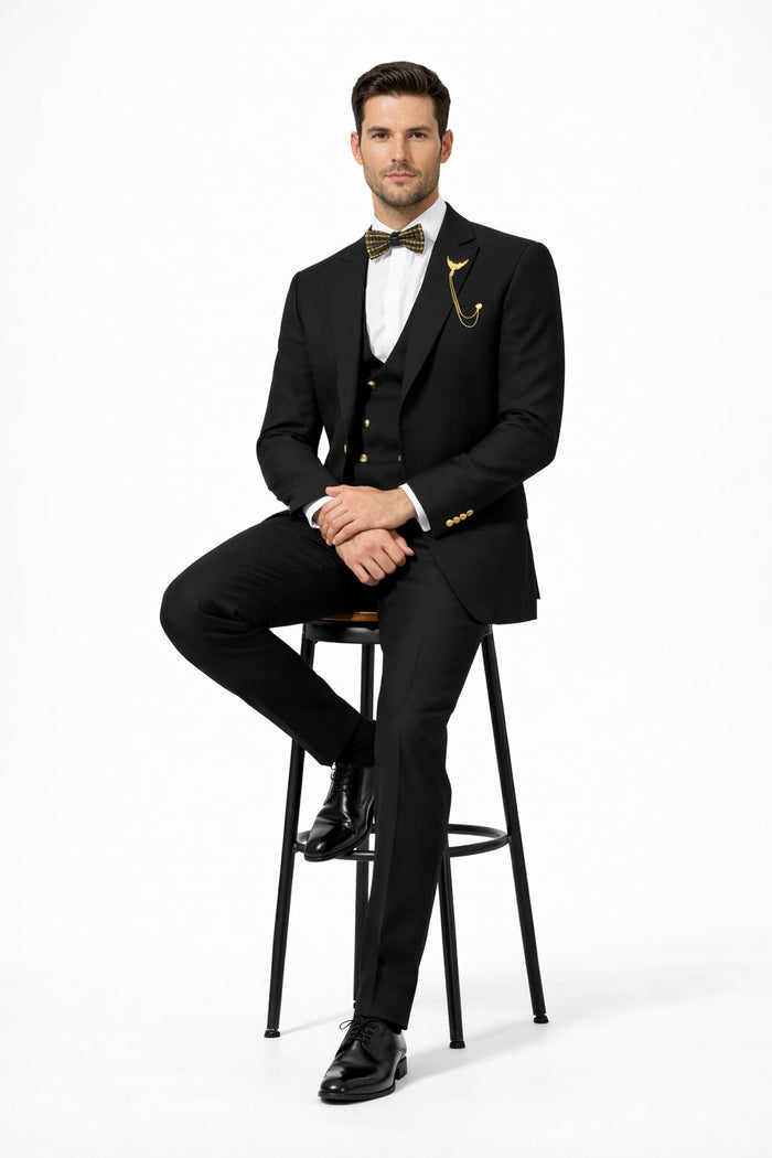 Mens Two Button Peak Lapel Suit Black