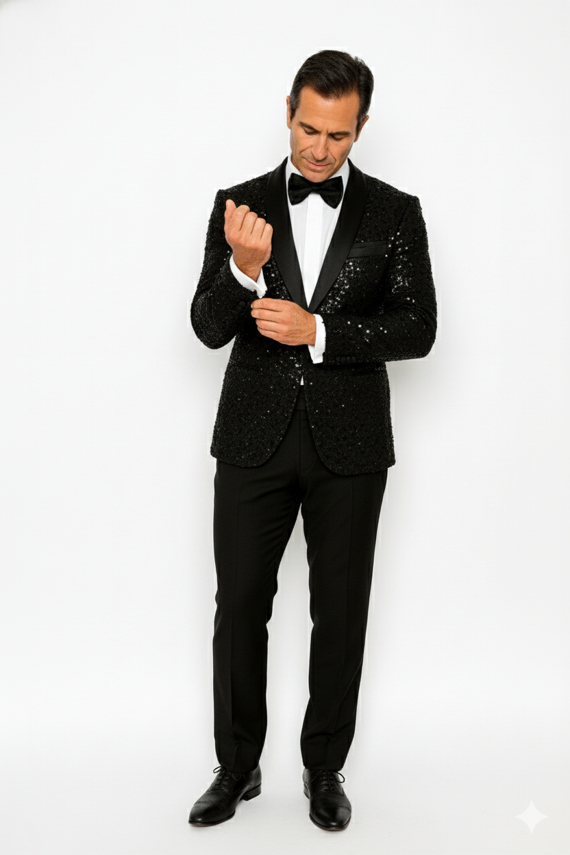 Men's Sharkskin Flashy Stage Shiny Sequin Paisley Blazer Dinner Jacket 1 Button Black Sport Coat Jacket