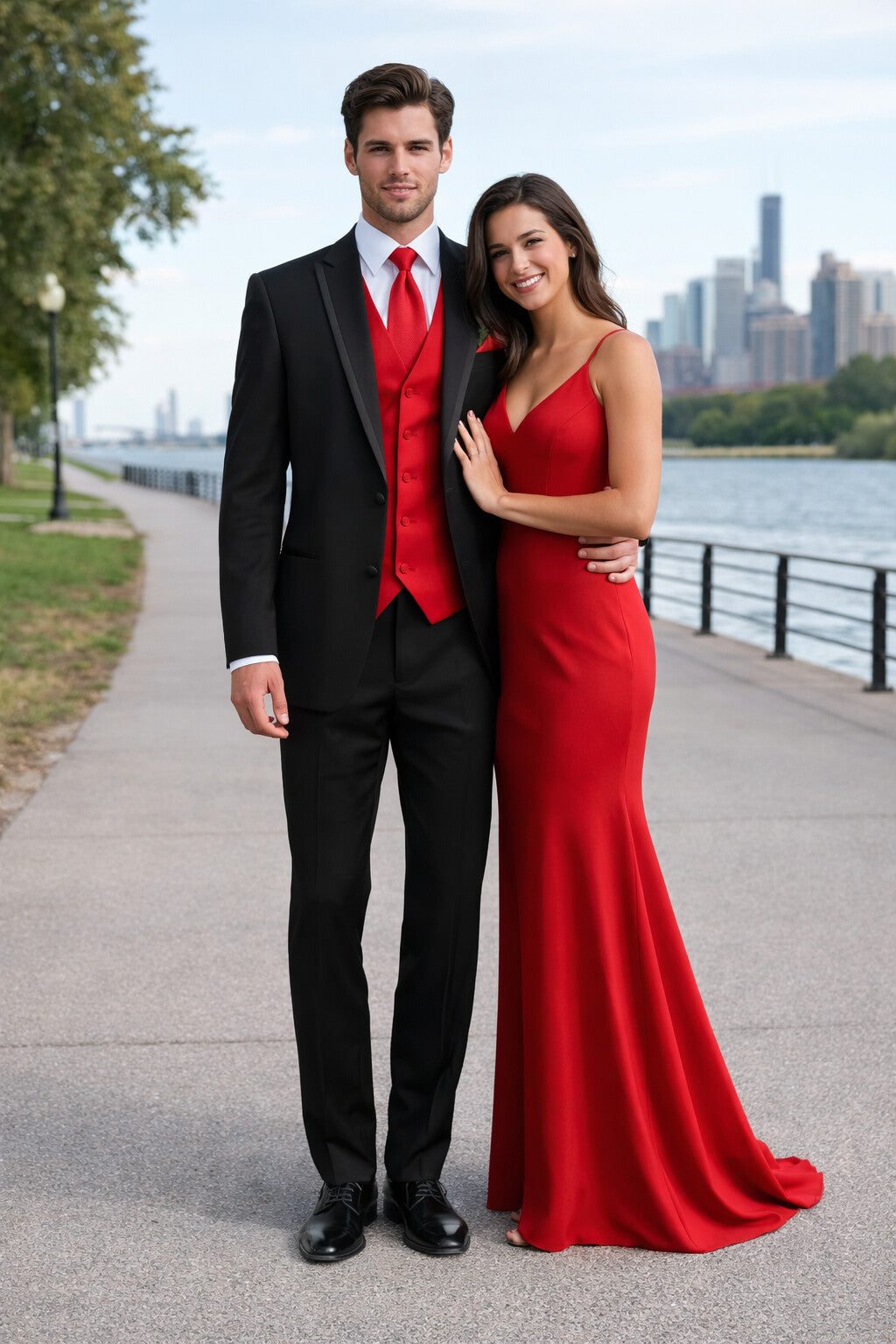 Black Suit With Red Vest and Tie Set