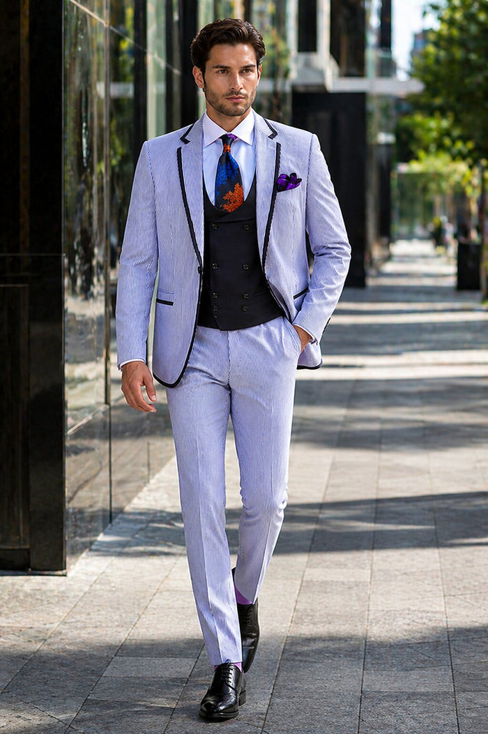 Men's One Button Vested Fashion Seersucker Suit with Double Breasted Vest in Blue