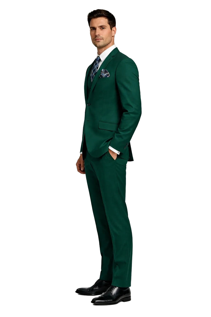 Mens Forest Green 3 Piece 2 Button Slim Fit Suit