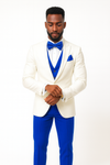 White and Royal Blue Tuxedo Wedding Suit - White Dinner Jacket + Vest + Pants + Bow-tie