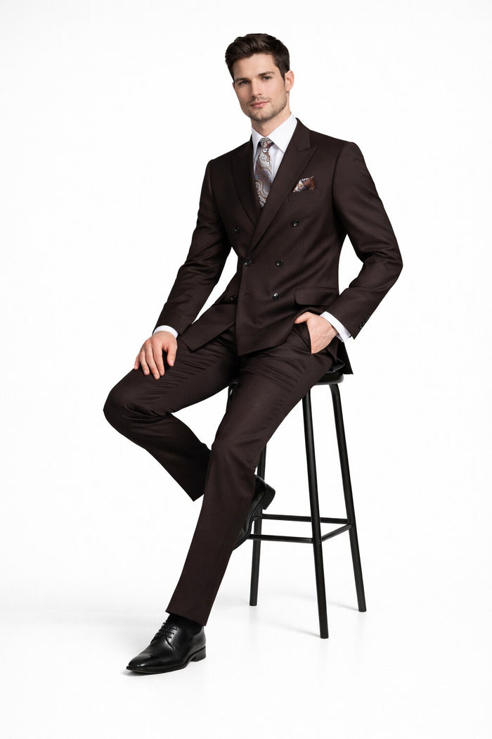 Men's Designer Double Breasted Wool Suit in Brown