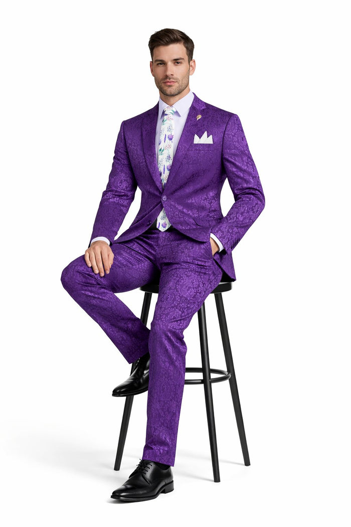 Mens Paisley Pattern Prom Suit – Grape Purple Slim Fit Formal Style