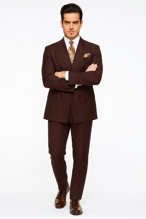 Double Breasted Suits - Vested Suits Wool Fabric - Apolo King Brand - Solid Brown Suit
