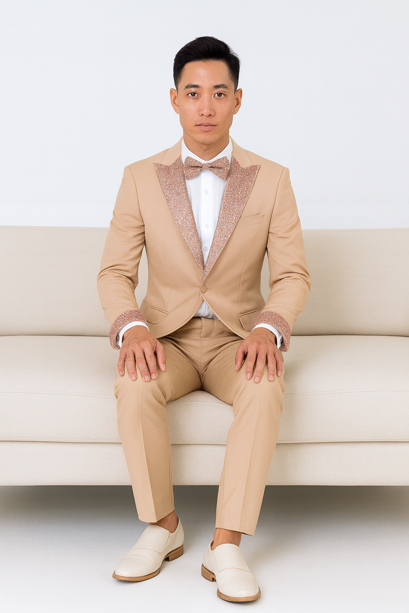 Men's rose gold prom tuxedo: Four-piece outfit with a shimmering jacket, matching bow tie, tailored trousers, and white dress shirt. Includes white shoes. Soft neutrals with sparkling accents.
