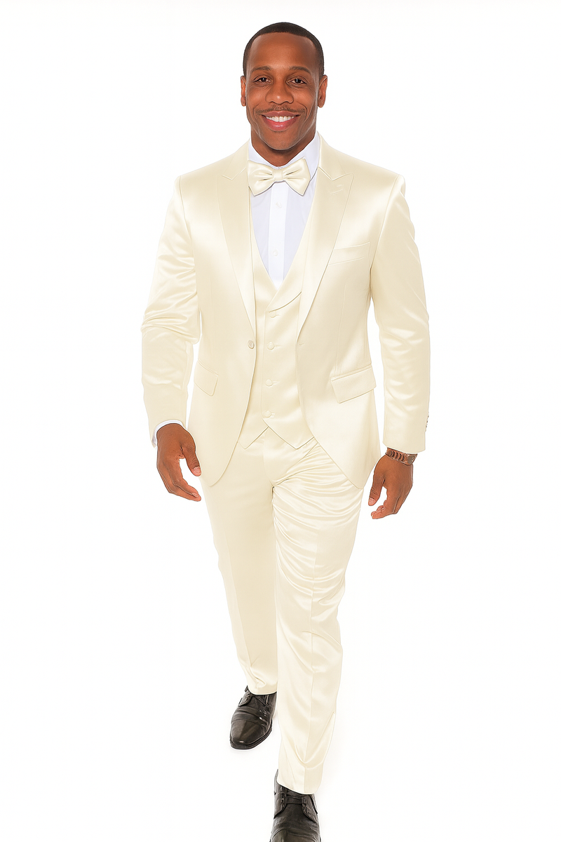 Men's champagne satin tuxedo set: single-breasted jacket, satin bow tie, and fitted trousers. Subtle sheen, formal wear.
