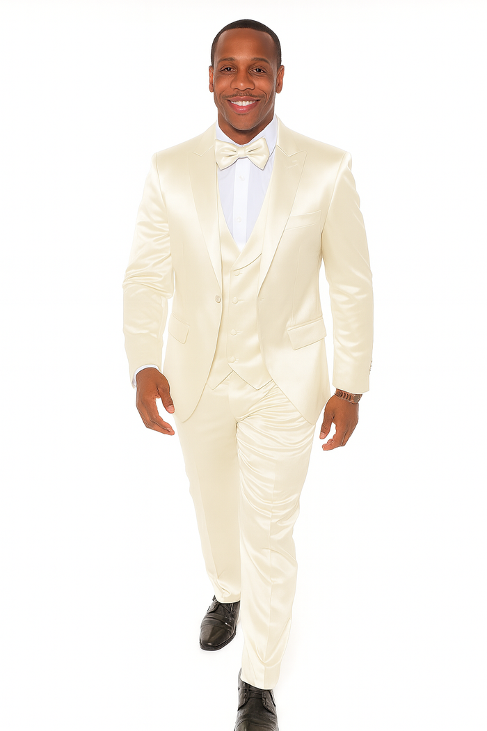 Men's champagne satin tuxedo set: single-breasted jacket, satin bow tie, and fitted trousers. Subtle sheen, formal wear.
