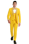 Radiant golden bloom men's 3-piece suit in vibrant yellow. Features floral peak lapel, smooth fabric, inner vest, and matching trousers for a tailored fit. Includes a coordinating bow tie highlighting floral design.