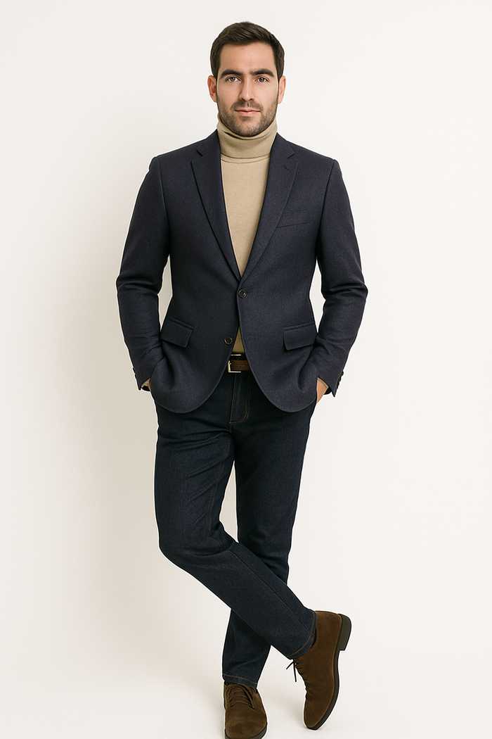 Men's navy cashmere jacket with notch lapel and structured silhouette. Features two front pockets. Soft navy fabric. Two-button closure.
