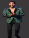 Mens Emerald Green Paisley Blazer With Black Lapel - Velvet Fabric Wedding Tuxedo Dinner Jacket
