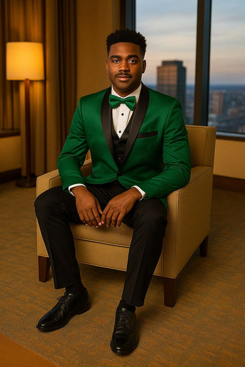 Mens Emerald Green Satin Tuxedo with Black Peak Lapel and Bow Tie â€“ Formal Slim Fit Suit
