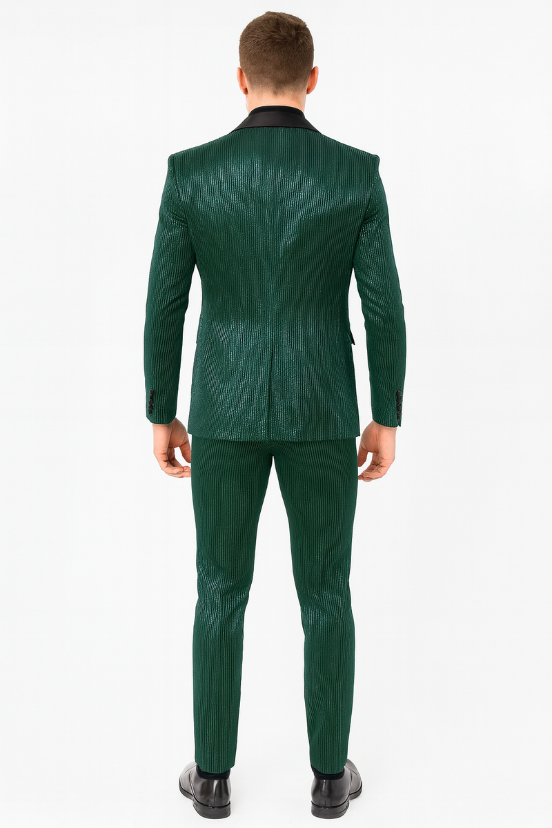 Emerald green, shiny, striped men's tuxedo suit. Slim-fit jacket with satin lapel & ultra-slim pants. Crafted from glossy fabric for a refined look.
