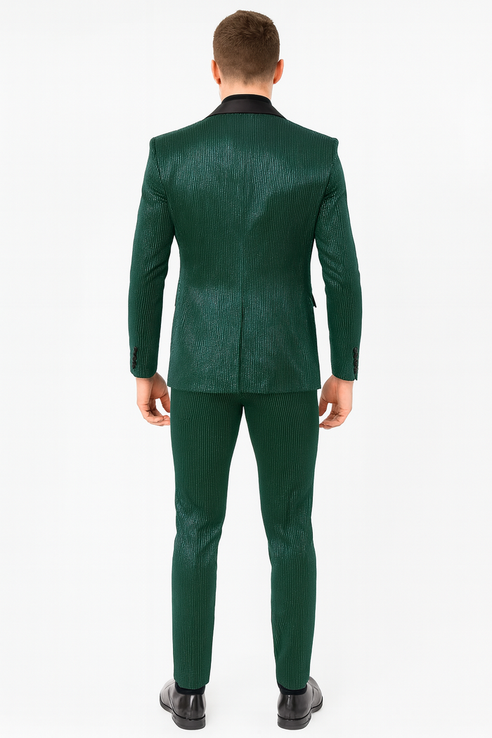 Emerald green, shiny, striped men's tuxedo suit. Slim-fit jacket with satin lapel & ultra-slim pants. Crafted from glossy fabric for a refined look.
