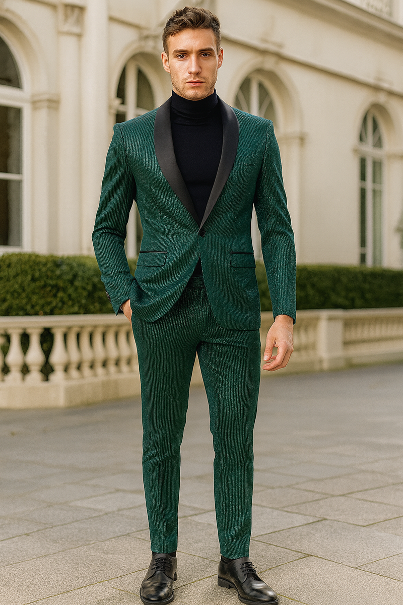 Men's emerald green tuxedo suit. Slim fit, two-piece set with shiny stripe design. Includes satin lapel dinner jacket and ultra-slim pants.

