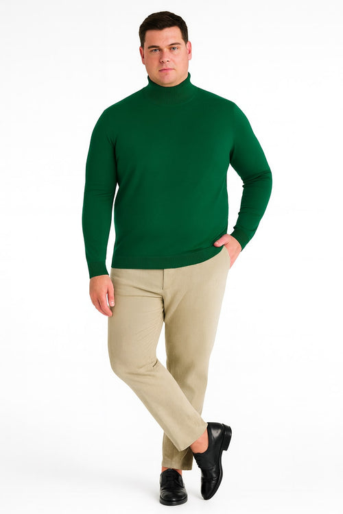 Men's emerald green turtleneck sweater. Slim fit, ribbed collar, and fitted sleeves. Smooth knit fabric, classic pullover style.
